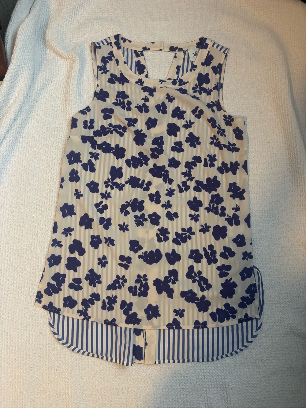 CAbi Sleeveless Floral & Stripe Layered Tank Top - Blue on White
